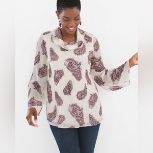 Chicos Ivory Purple Pleated Paisley Cowlneck Long Sleeve Blouse 2
